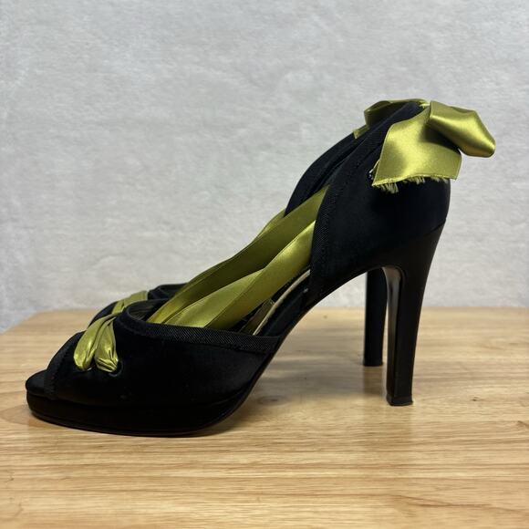 Beverly Feldman Vintage Black Satin Green Ribbon Platform Peep Toe Heels Size 7 - Picture 5 of 14